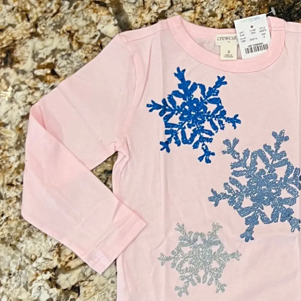 **NWT J. Crew Girls' Pink W/Blue & Silver Glitter Snowflakes Graphic Tee